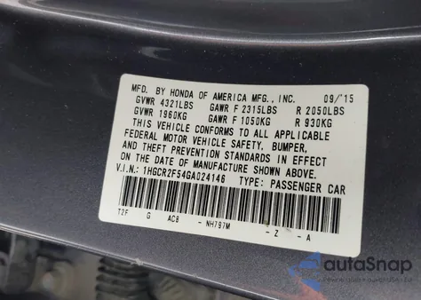 2016 Honda Accord Sport from USA, damaged, VIN 1HGCR2F54GA024146